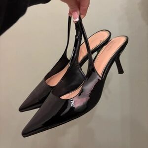 Patent Black Pointed-Toe Slingback Heels